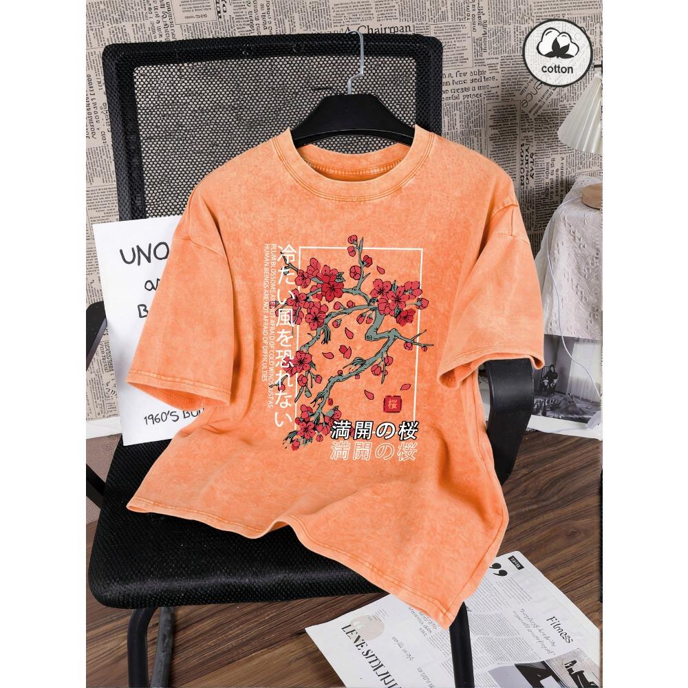 Japan Tokyo Beautiful Cherry Blossom Printed Women Washed T Shirt Summer Cotton T-Shirts Loose Y2K Clothe Short Sleeves