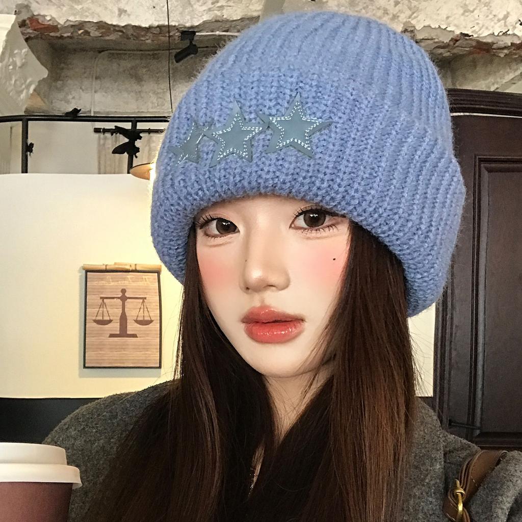 Big Head Circumference Blue Star Knitted Hat Women's New Winter Warm Thickened Korean Version Bag Head Wool Hat