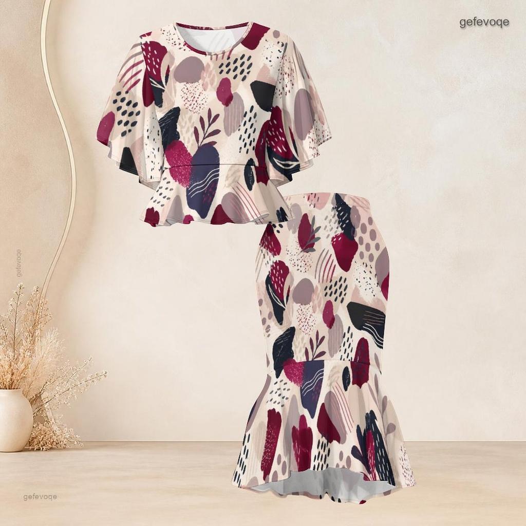 Women Plus Size Printed Round Neck Batwing Sleeve Ruffle Hem Top Fishtail Skirt Two Piece Set