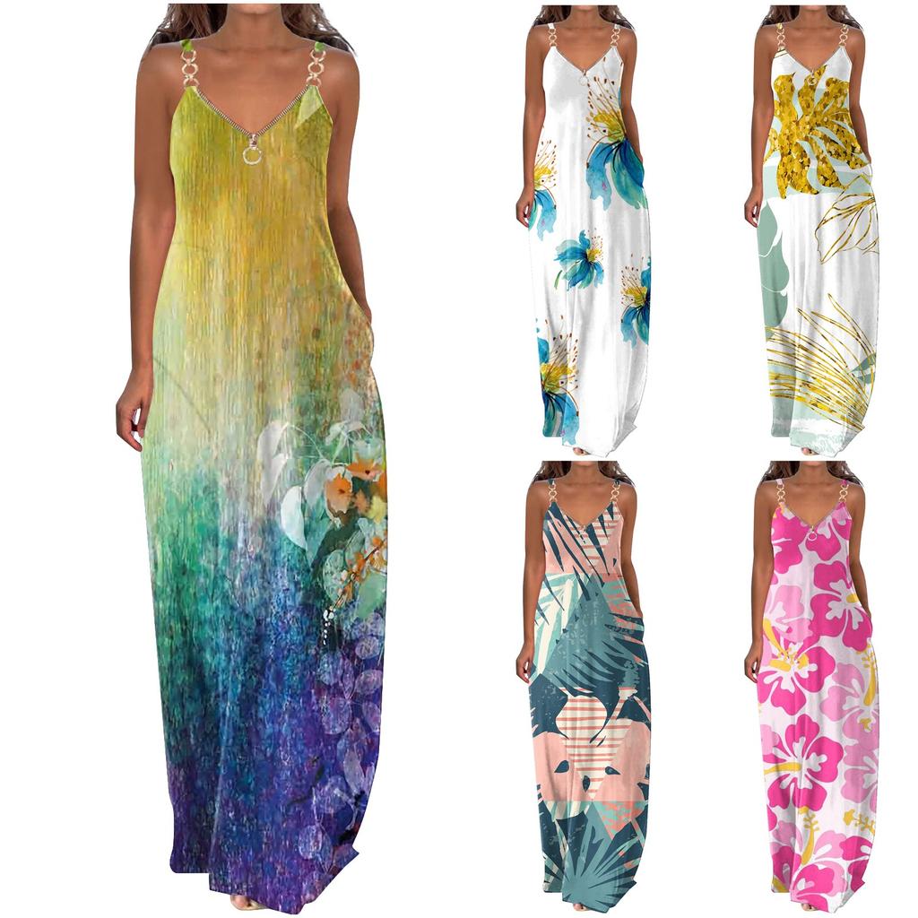 Dresses For Women Printing V Neck Dress  Long Dress With Pockets Zipper Casual Boho Print Maxi Dress