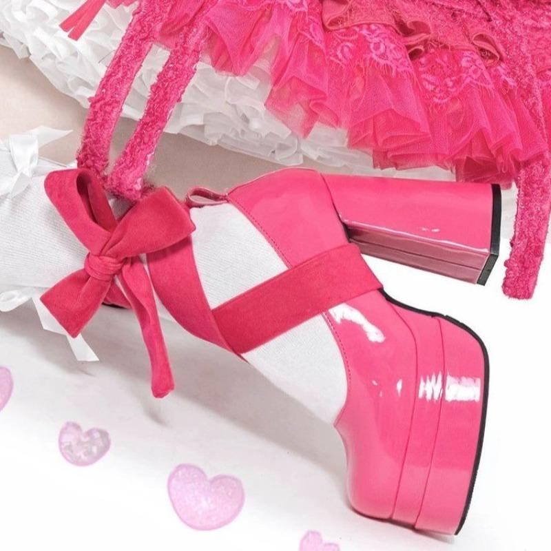 Fashion Sweet Pink Thick Sole Ballet Shoes patent Leather Cross Buckle Chunky High Heel Women Dress Shoes Lolita Elegant Pumps Party