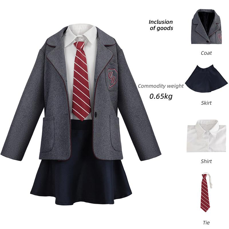 Matilda School Uniform Cosplay Costume, Grey Blazer & Skirt with Tie for Halloween & Movie Themed Cosplay Events