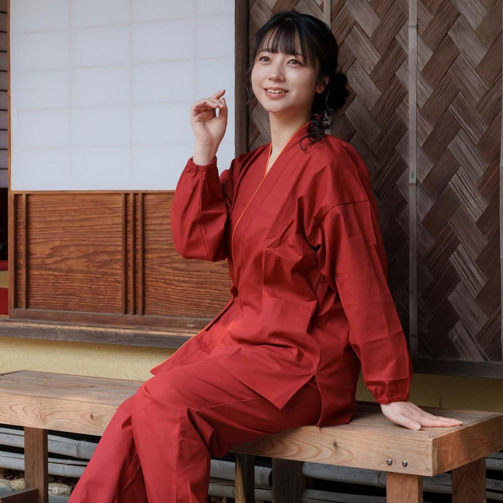[Yurakuan] Women's Samue (Japanese workwear), 100% Cotton, Slightly Thin Fabric (Plain Burgundy, Slightly Thin Fabric, Size M)