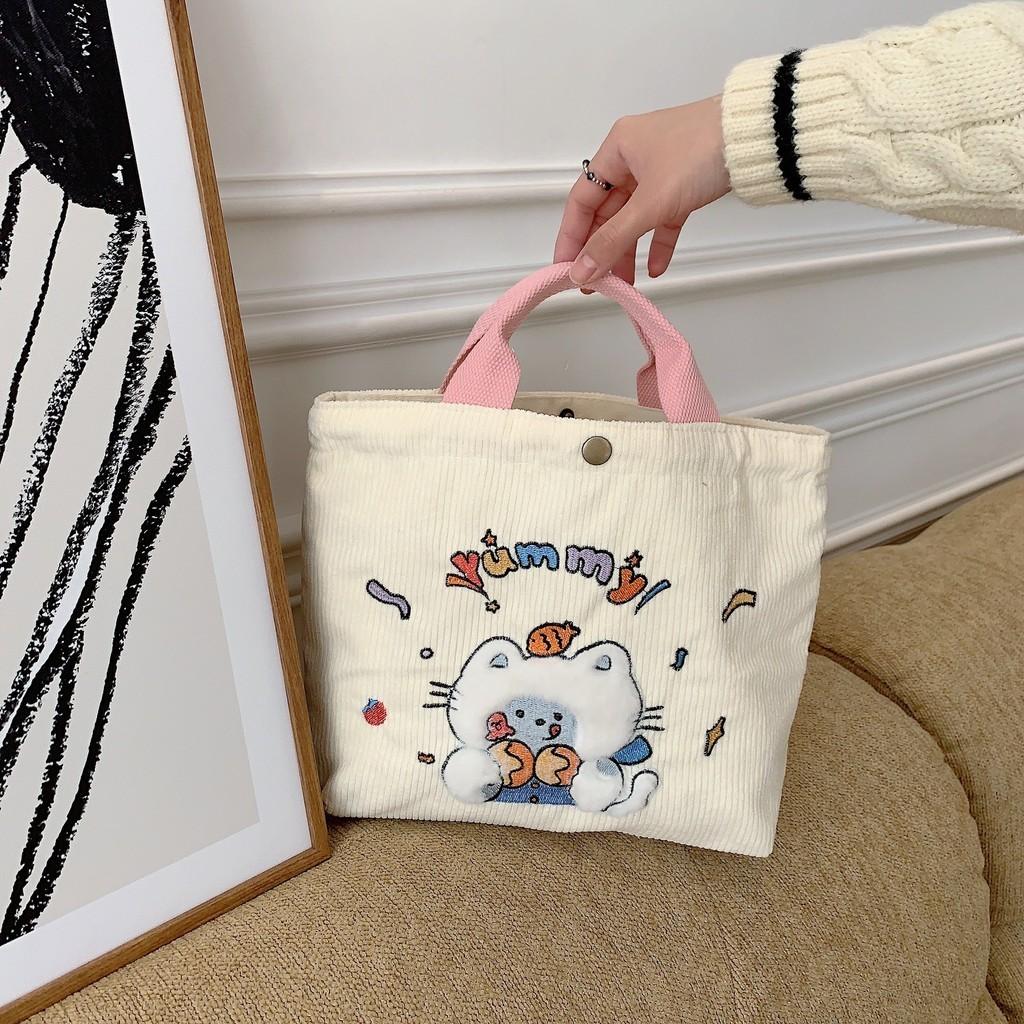 Spacious Corduroy Handbag With Cute Cartoon Embroidery Ideal For Everyday Use