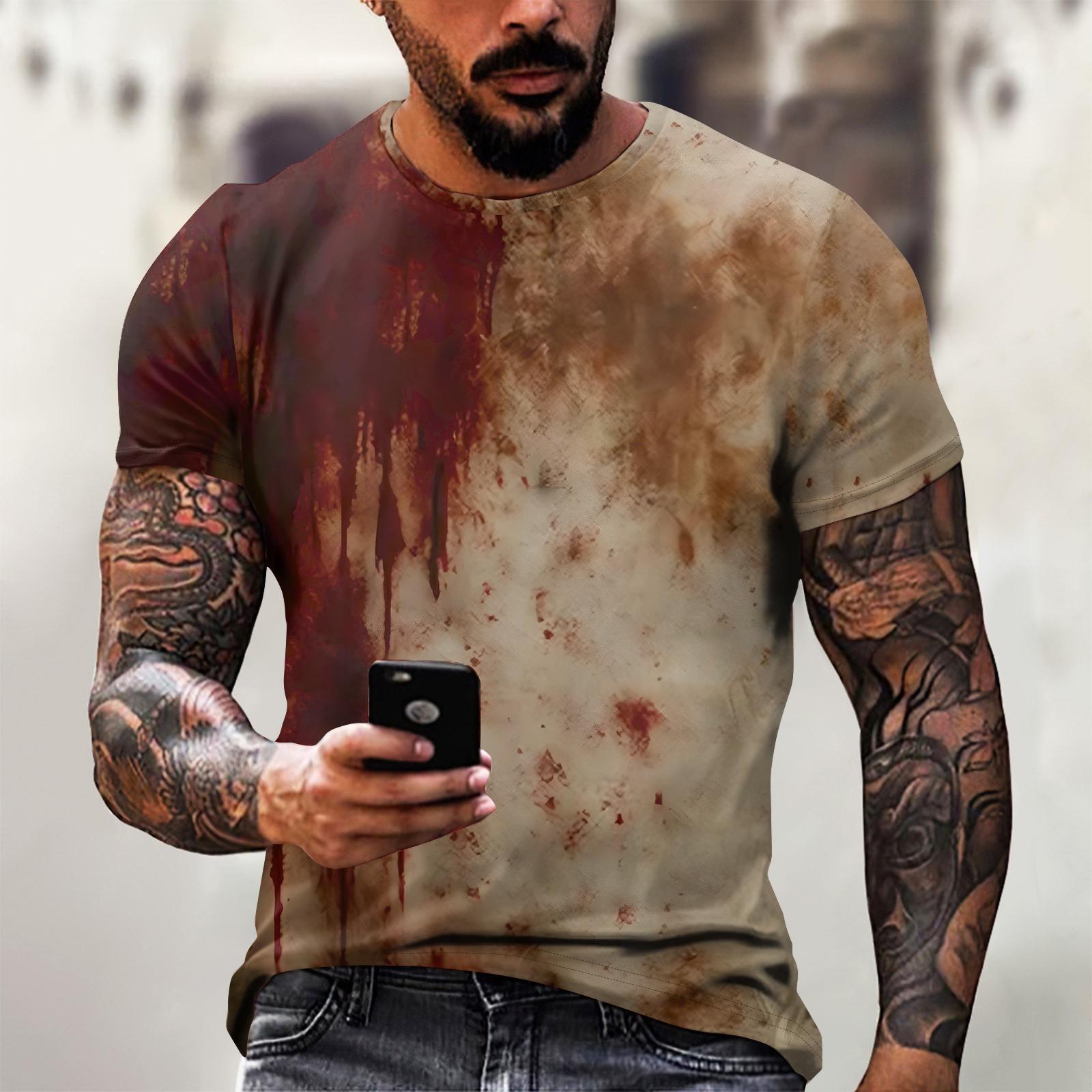 

Футболка на Хэллоуин, мужская, повседневная, с круглым вырезом, с рисунком брызг крови, топы с коротким рукавом и кровавым принтом ужасов XXL