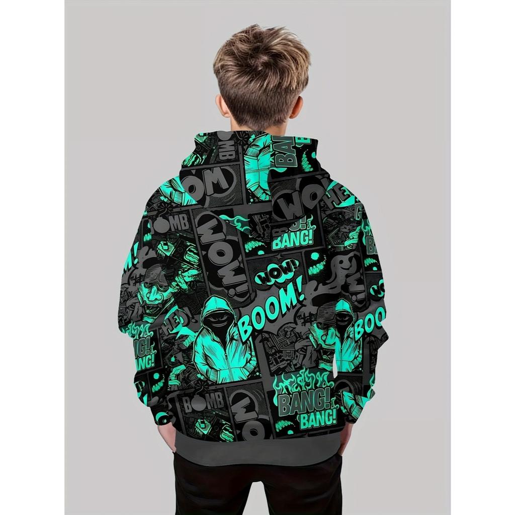 Boys' Street Style Manga Graffiti Digital Printed Hoodie, Cool Street Trendy Item