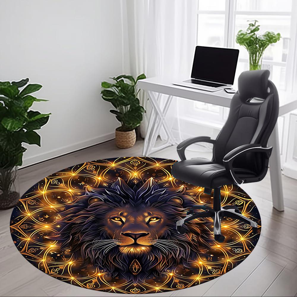 1 Stück Löwen Mandala Stuhlteppich für das Büro, Runde Polyestermatte, Innendekoration für das Büro, Pflegeleichtes Gewebe, Waschbarer rutschfester Teppich