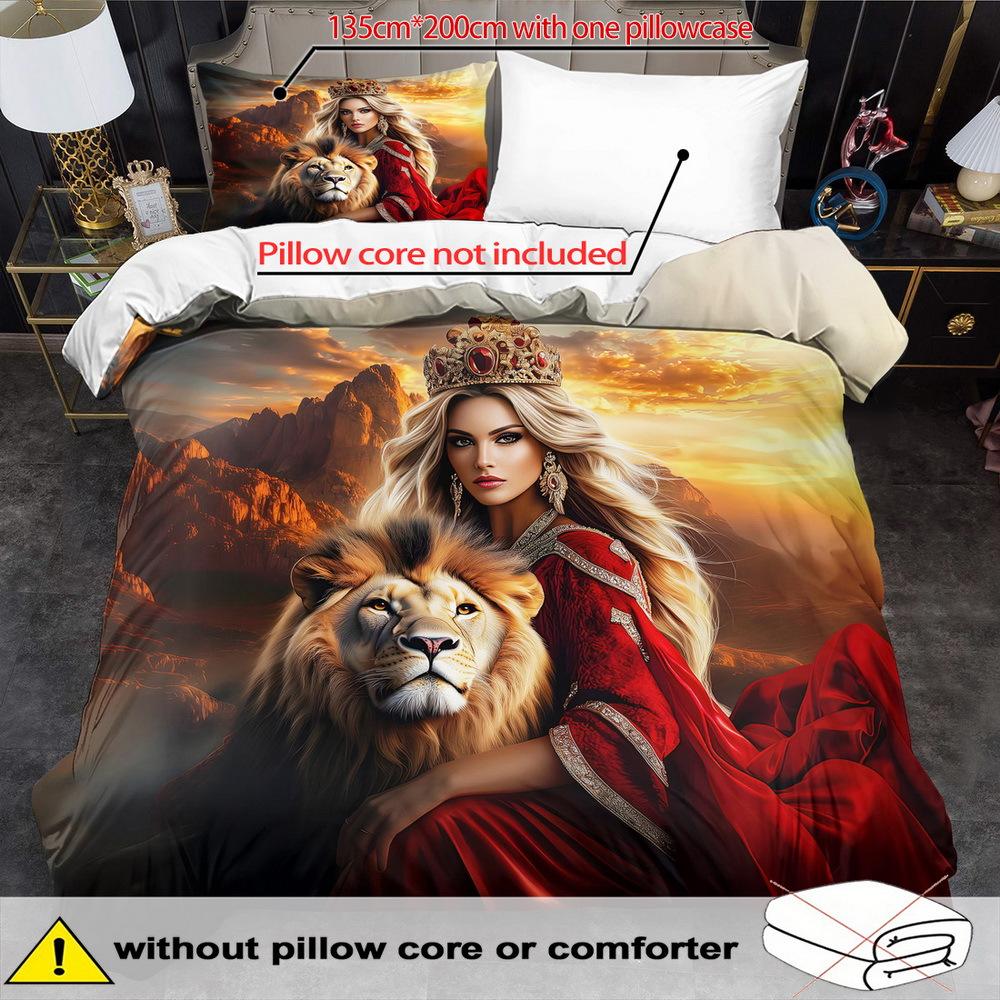 Fantasy Beauty Theme Down Comforter Cover Set - 2/3Pcs Soft Comfortable Breathable Beauty And Lion Pattern Printed Bedding Set
