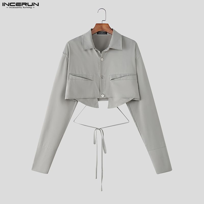 INCERUN Men Lapel Neck Long Sleeve Lace-up Cropped Short Shirts