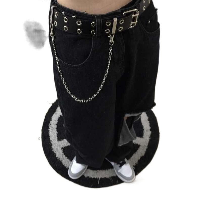 Black Versatile Womens Belt With Stylish Double Buckle And Metal Embellishment Chain