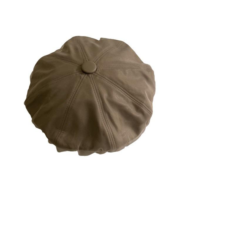 Autumn and Winter New PU Leather Mesh Yarn Brimeless Octagonal Beret Women's Leisure Show Face Small Painter Hat Fashionable