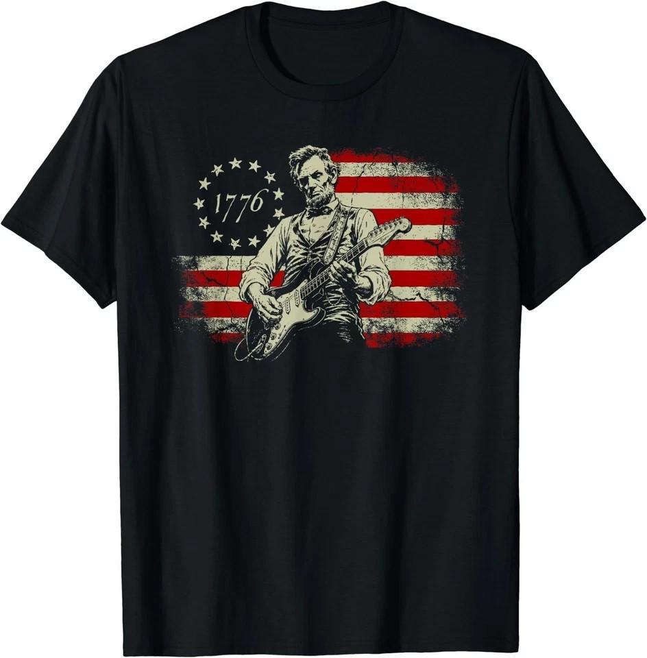 Abraham Lincoln Playing Electric Guitar Rocker American Flag T-Shirt S разноцветный