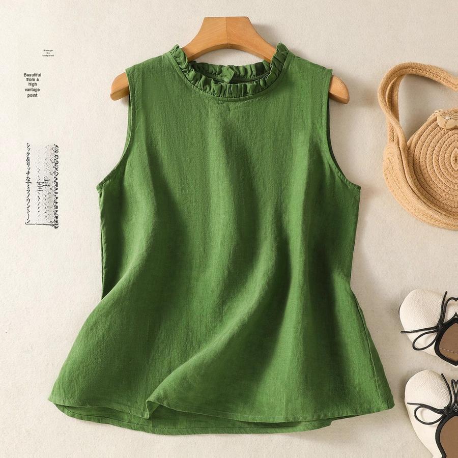 Bohemian Retro Solid Color Simple Style Sleeveless Top Summer New Arrivals Linen Cotton Women's Vest with Crew Neck
