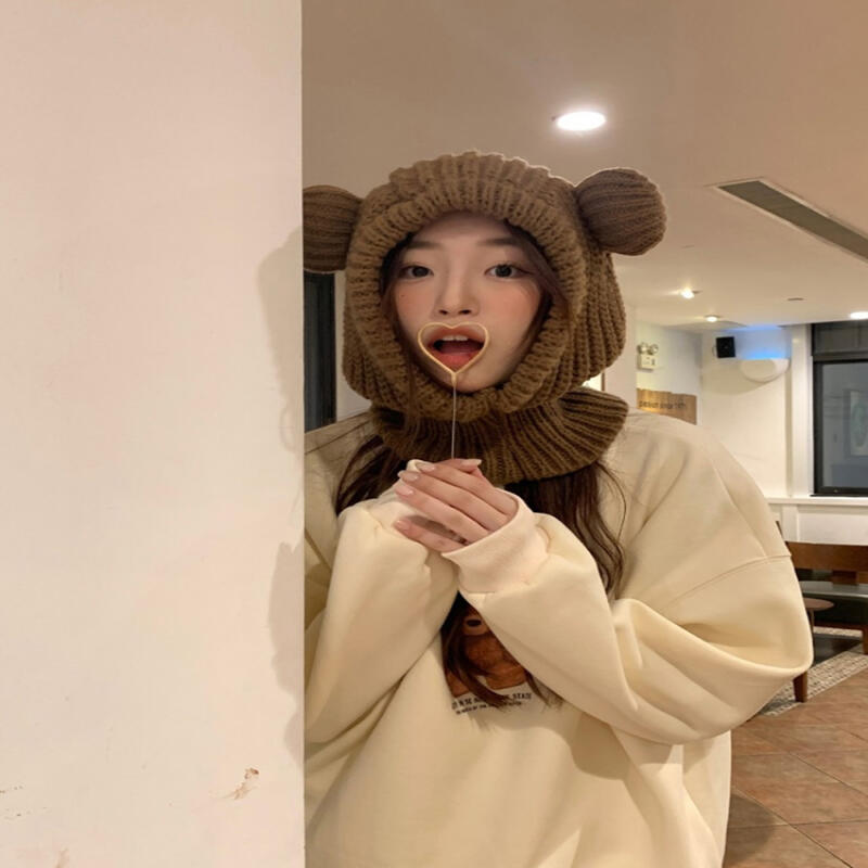 Nohai Knit Loose Fit Hooded Fur Balaclava Neck Warmer