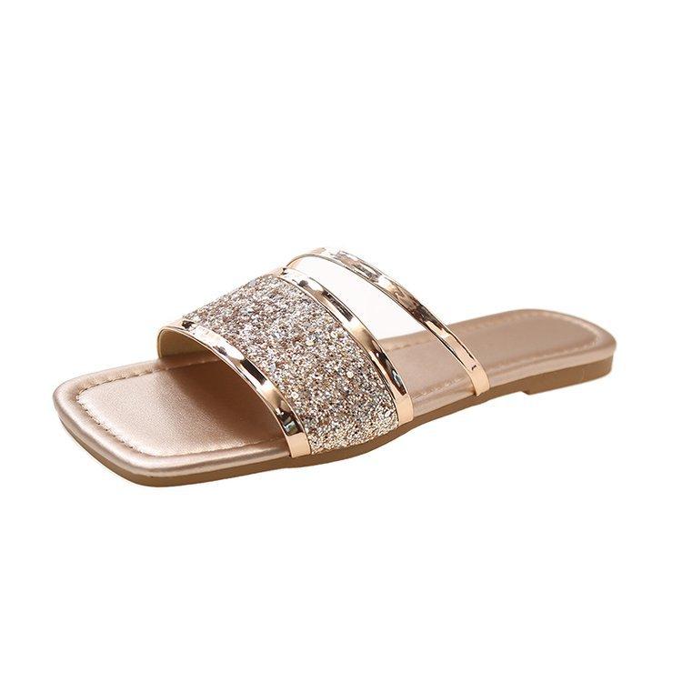 2024 Summer French Sequined Flat-bottomed Slippers Fairy Style with Skirt One-word Belt Large Size Flat-bottomed Sandals Drag Women Outside