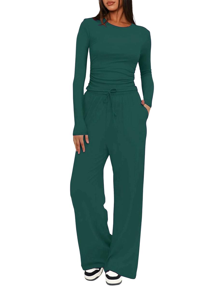 

Solid Color Casual Long Sleeve Set Top with High Waist Wide Leg Pants Sportswear M bottle-зелений колір