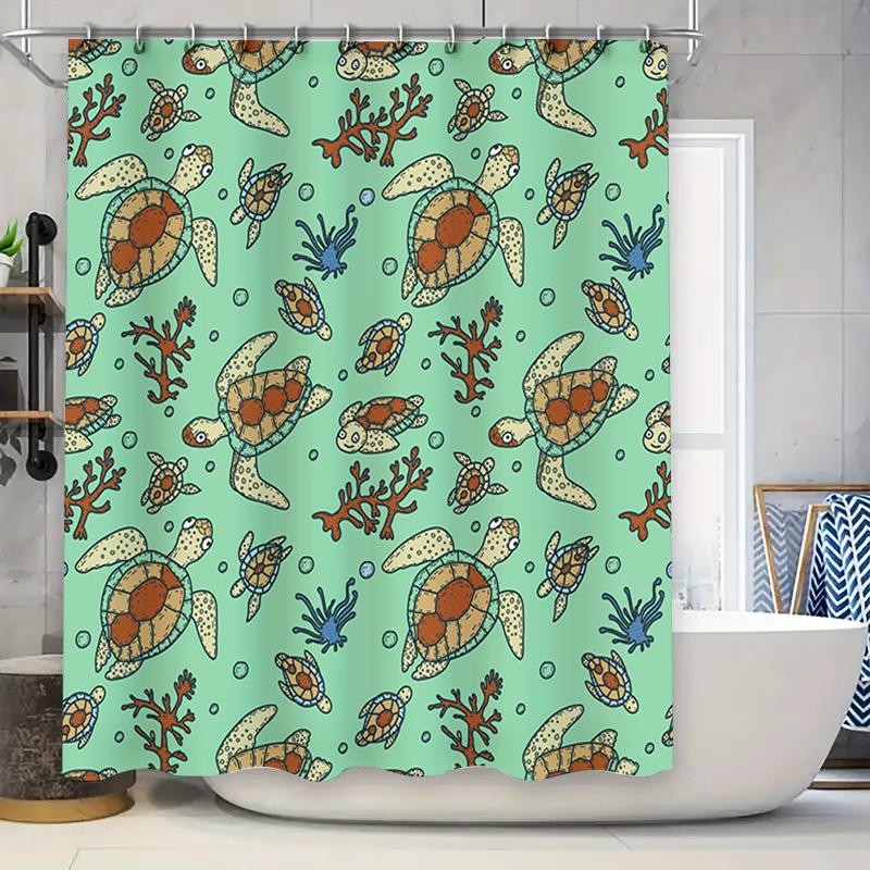 Bright Sea Turtle Shower Curtain Coral Seashell Print for Bathroom Decor Customizable Size Waterproof Fabric Home Decoration 72