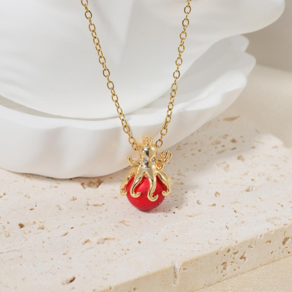 Trendy Octopus Red Bead Choker, Golden Tone Adjustable Chain, Fashion Cute Animal Pendant Necklace for Daily Wear