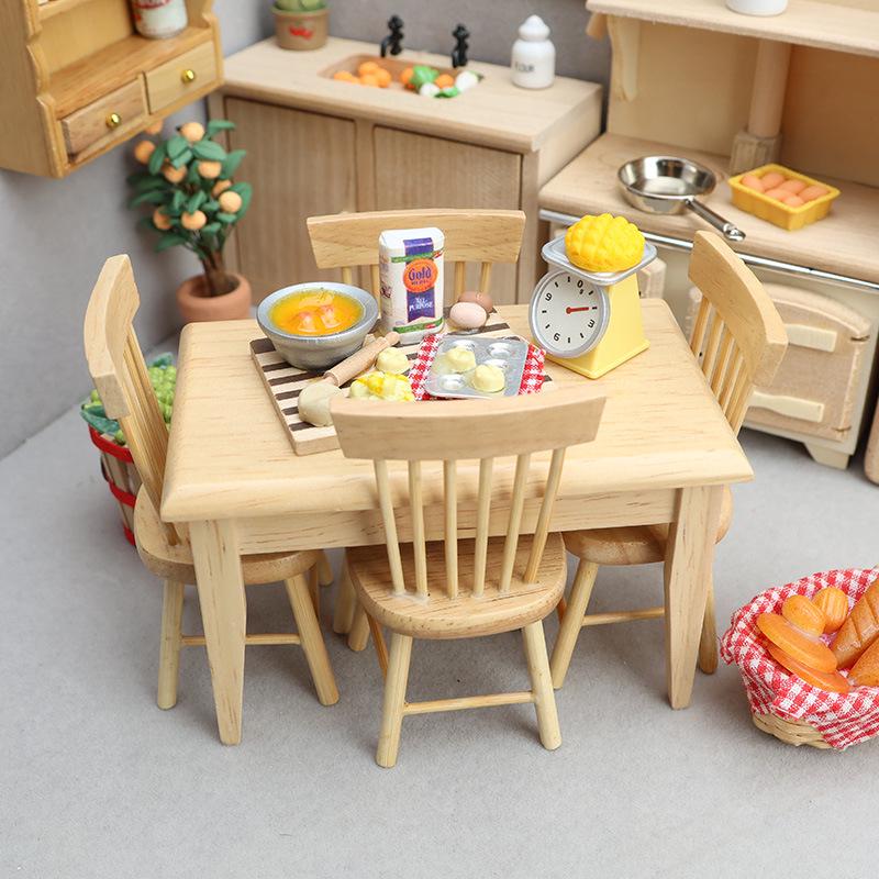 1:12 Miniature Wooden Dining Set: 5-Piece Table & Chairs