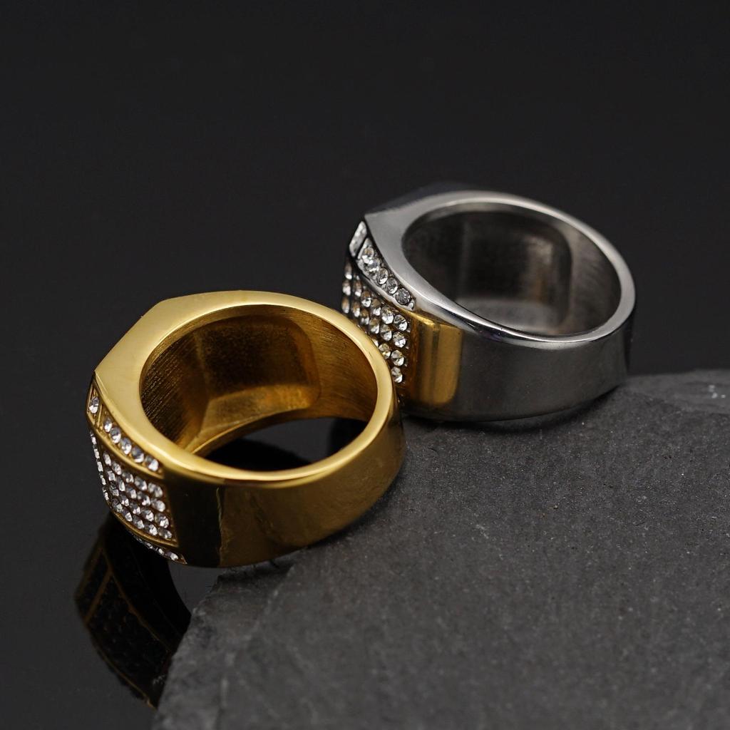 Herren Hip Hop Voll Diamant Zirkonia Ring, Vergoldeter Edelstahl und Titanstahl