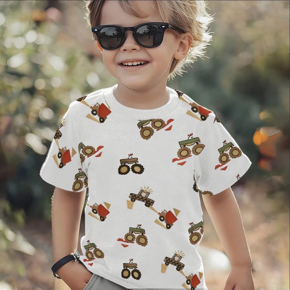Summer Round Neck Vehicle Themed 3D Printed Top Fashionable Casual Short Sleeved Children's Boy T-shirts