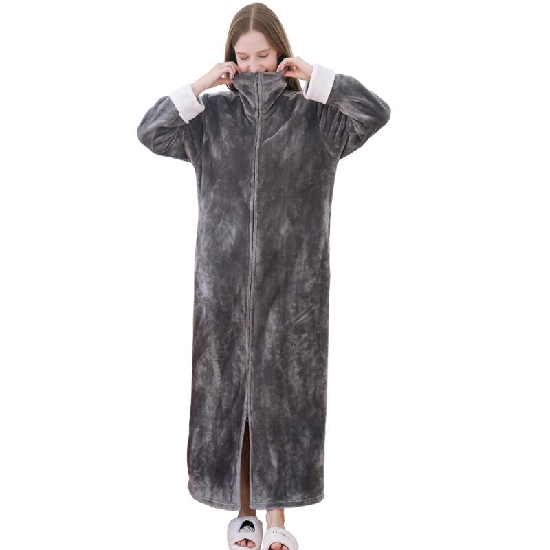 Women's Plus Size Long Nightgown - Double Zipper, Autumn/Winter Pajamas, Home Wear Robe