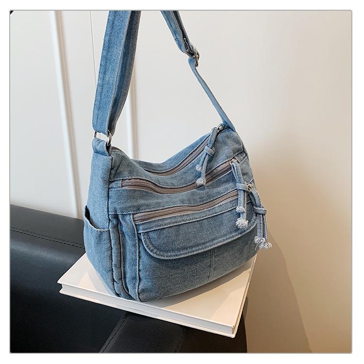 Retro Crossbody Washed Denim Multi-Zipper Small Commuter Bag