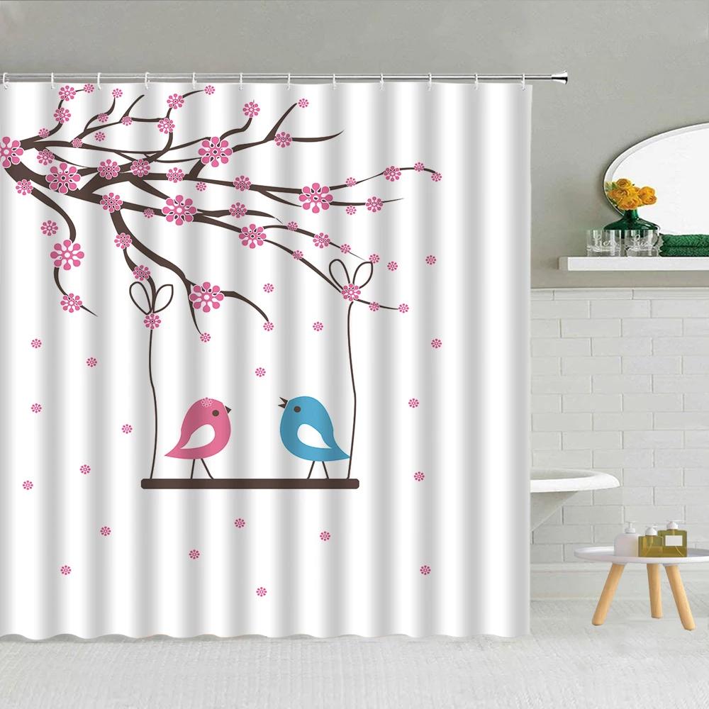 Floral Shower Curtain, Spring Nature Theme Cherry Blossom Bathroom Decor Polyester Fabric Waterproof Bath Curtain with Hooks