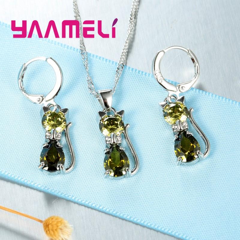 Real Zinc Alloy Sterling Zinc Alloy Color Zircon Sets for Woman Girls Shining Austrian Crystal Cute Cat Pendant Necklace Huggie Earring