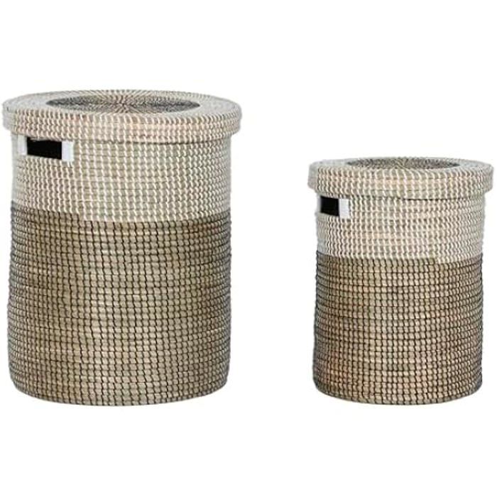 Paniers à linge - HOME ESPRIT - Lot de 2 - Blanc et noir - Herbe de mer - 44 x 44 x 51 cm
