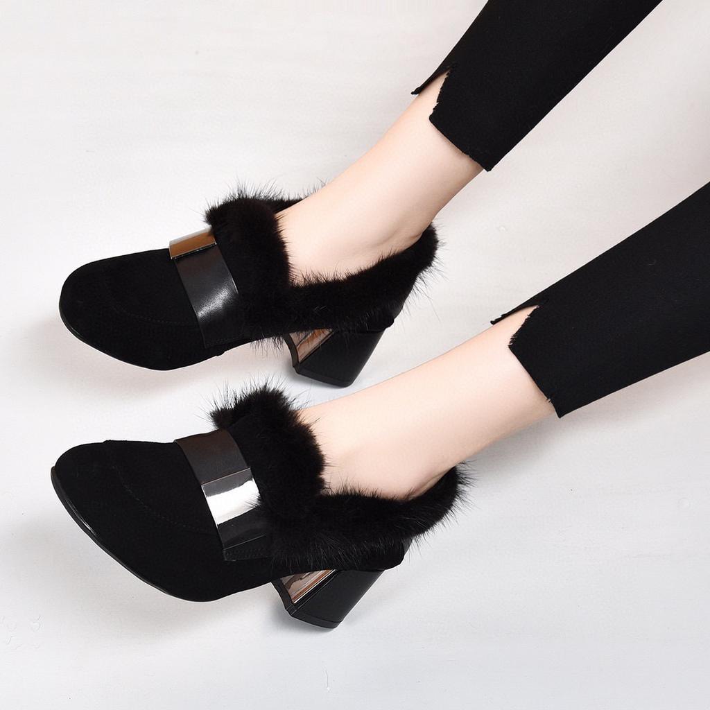 Fashion high-heeled fluffy shoes autumn and winter new first-layer cowhide round head square buckle mink hair thick-heeled fashion shoes