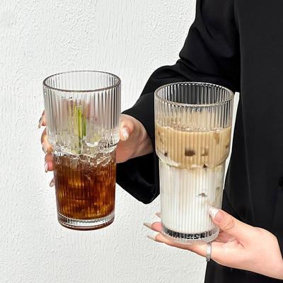 Tasse Grande Capacité 600ML, Tasse à Café Haute Esthétique avec Couvercle et Tasse à Eau, Paille Simple, Tasse en Verre à Rayures Verticales
