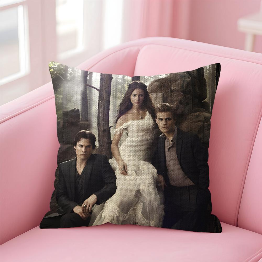 Чехол на подушку V-Vampire D-Diaries Натуральный льняной наволочка Двусторонний принт Декоративная наволочка для дивана Домашний декор Подарок Peach skin 18*18(CM)-1Pcs