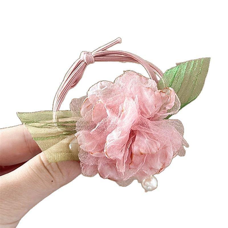 Pink Flower Ribbon Hair Band Women Girls Bowknot Ponytail Holders Hair Ropes Girls Korean Fashion Hair Accessories Headwear Blue