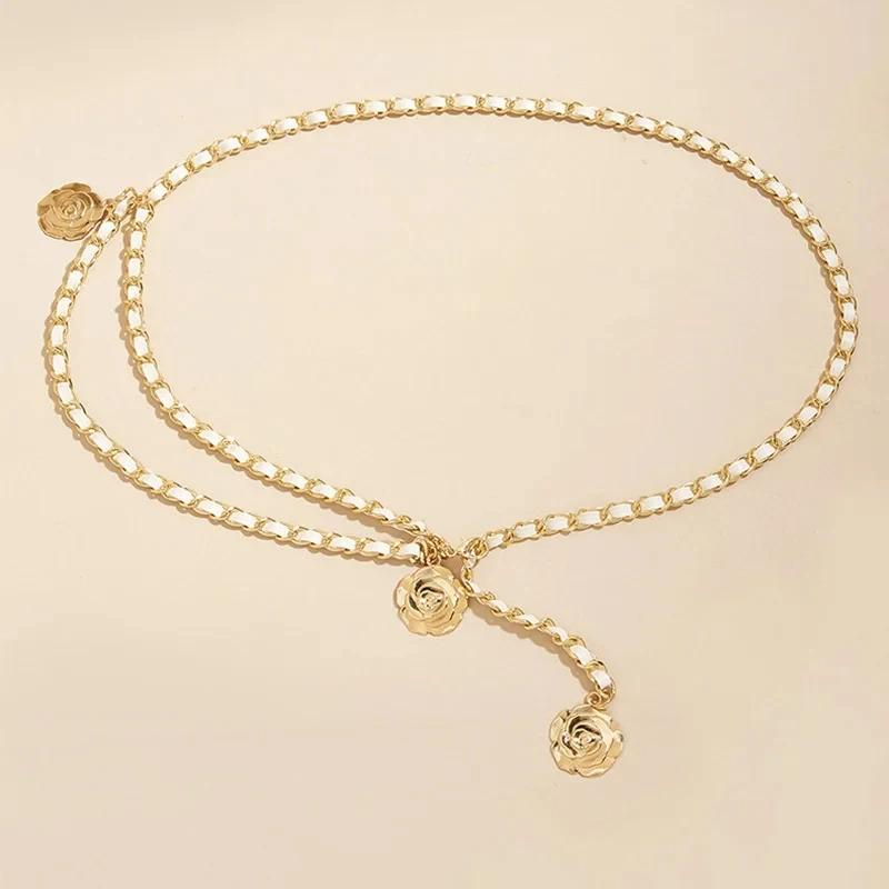 Ceintures Chaînes de Taille en Métal de Haute Qualité Pour Femmes Chaîne à Pendentif Fleur Ronde Corde de Sangle Fine Ceinture Décoration Robe Chemise Féminine blanc