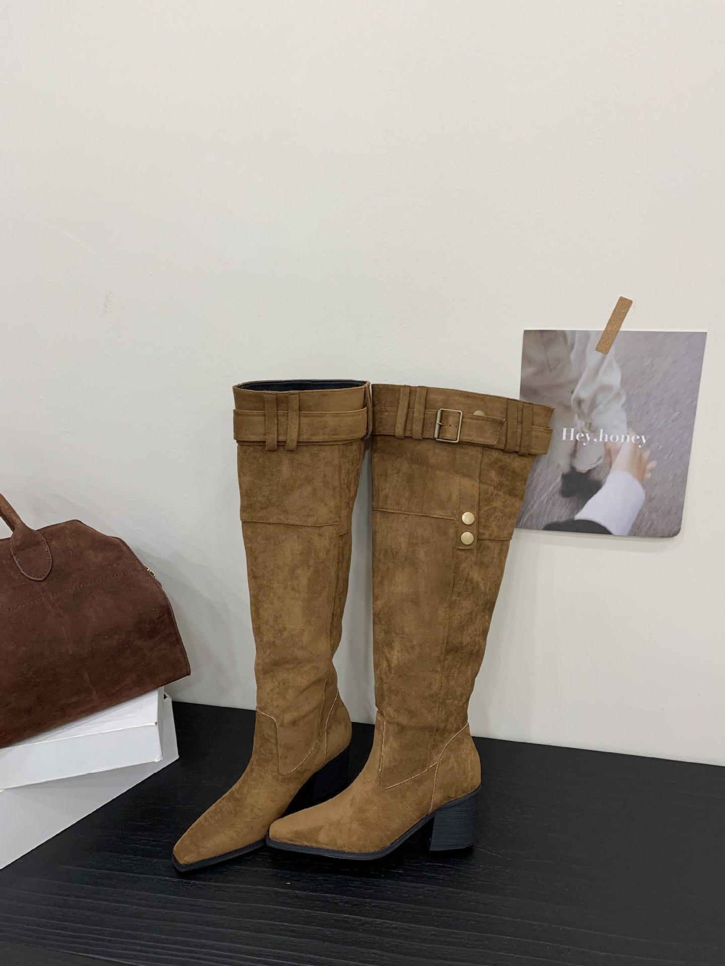 

2025 new big tube circumference tall tube pointed thick heel pile boots western cowboy knight boots but knee boots 39