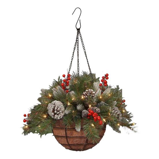 Yousheng Christmas Hanging Baskets Pre-Lit Artificial Basket with LED Lights Pine Cones Berries Winter Outdoor Planter for Outside Porch Front Door