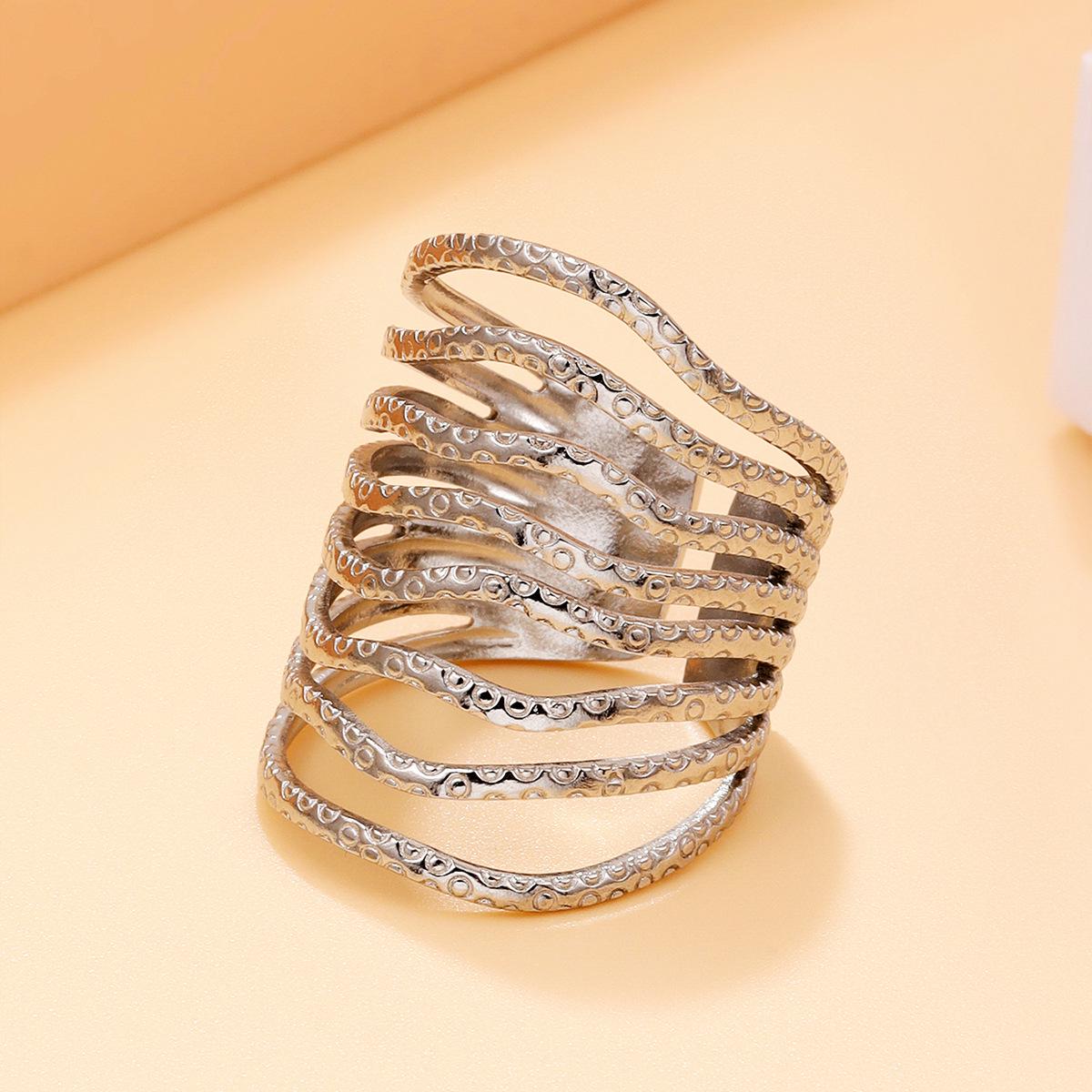 High-End Cross Retro Stainless Steel Multi-layered Finger Ring with Irregular Textured Lines, Vacuum Plated in 18K Gold.