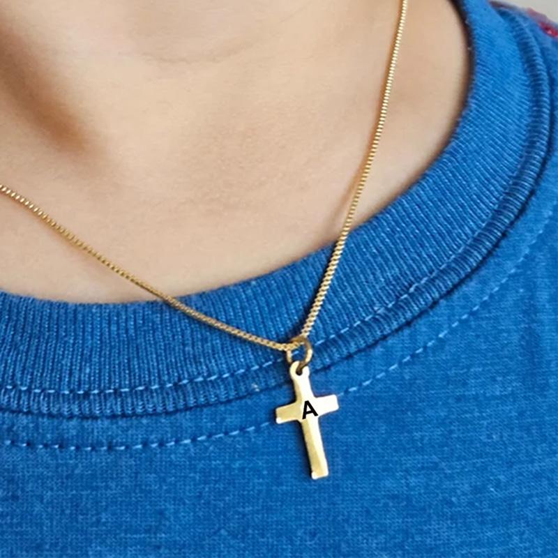 Engraved 26 Initial Letter Cross Pendant Necklace For Boys Girls Gold Plated Stainless Steel Children Jewelry