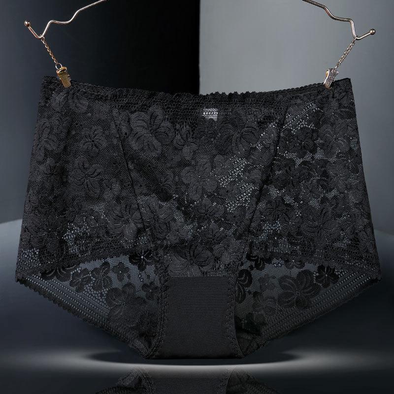 8992 Women's High-Waisted Cutout Lace Panties - Plus Size, Black/Red, Cotton Crotch