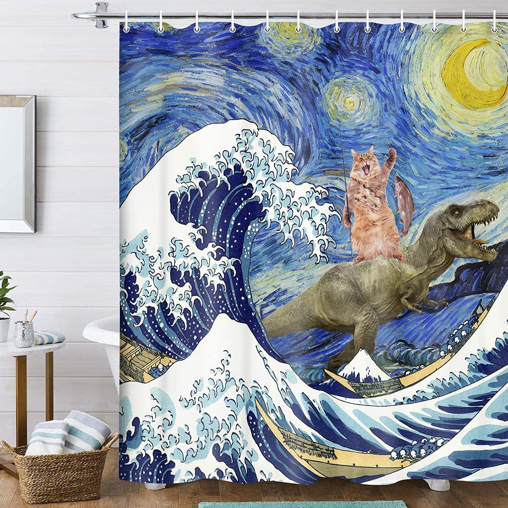 Funny Dinosaur And Cat In Japanese Kanagawa Waves Shower Curtain Waterproof Fabric Hilarious Bathroom Curtain With 12 Hooks
