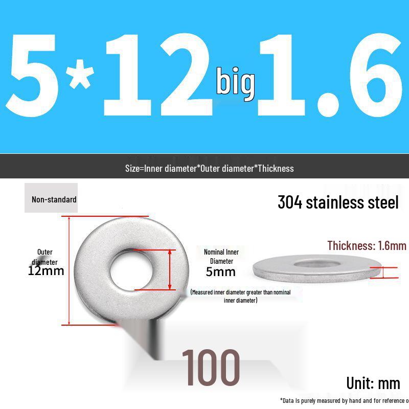 304 Stainless Steel Thickened Flat Washer Ring - Various Sizes (M1.6-M22)
