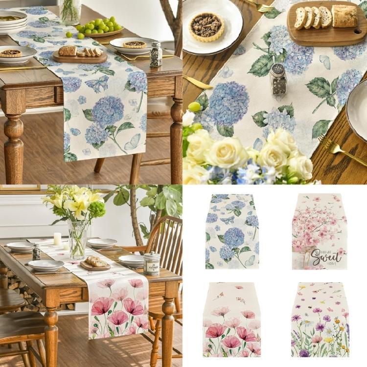 Dining Room Linen Table Runner with Flower Pattern Kitchen Table Ornament Tablecloth Decoration for Holiday Festivities