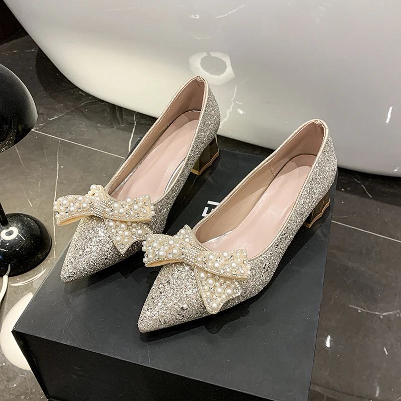 Fashion Women's Fashion Chunky Shoes Spring New Pointy Shallow Mouth Butterfly Knot Sequin Non-slip Low-top Shoes