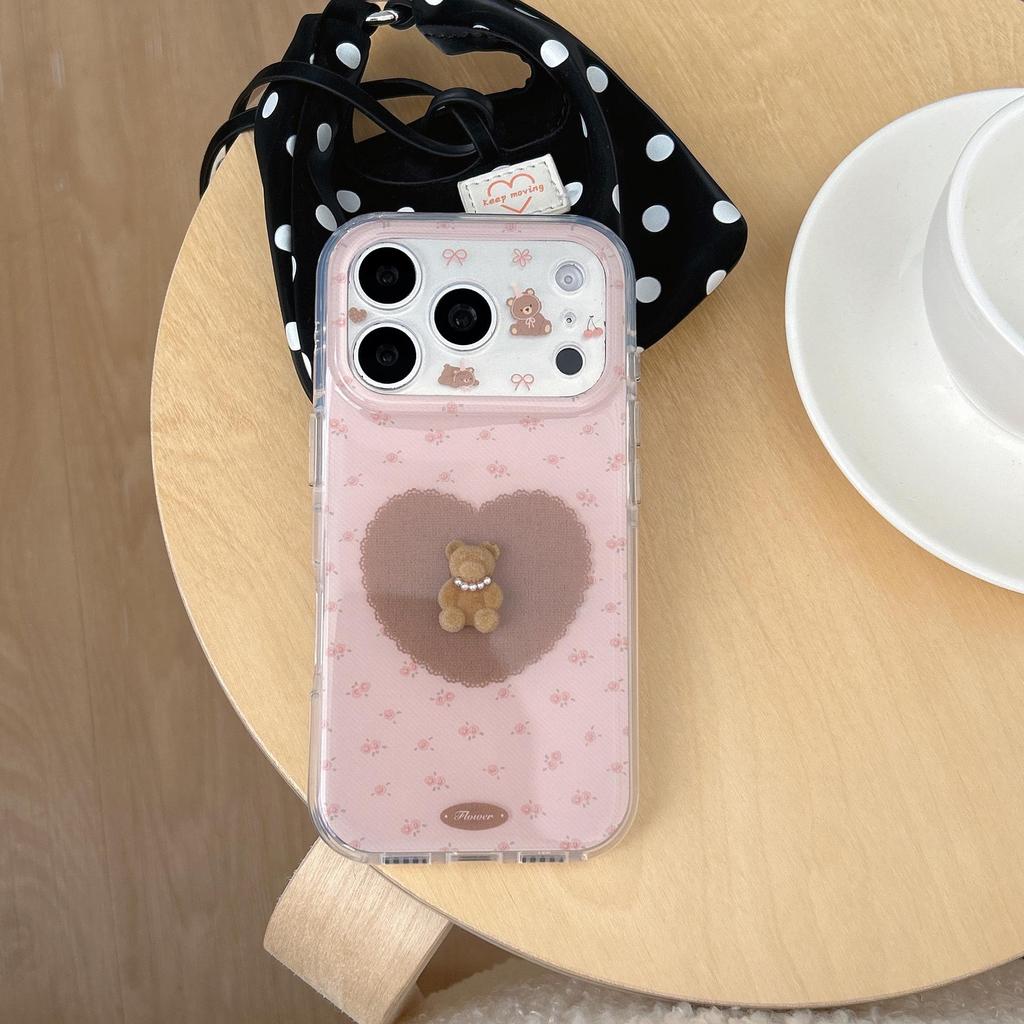 3D Bear & Floral Phone Case for iPhone 17/16 Pro Max/15/14 - Girlish Heart Design