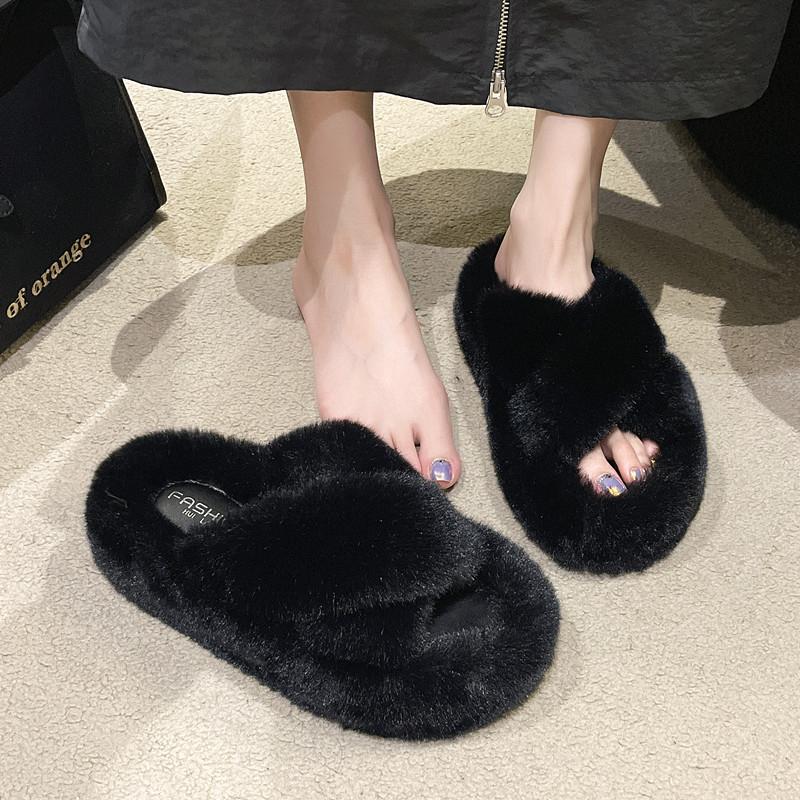 Fashion 2025 New Fashion Color Block Fur Slippers for Women Fuzzy Open Toe Indoor Slides for Woman Non Slip Warm Plush House Slippers