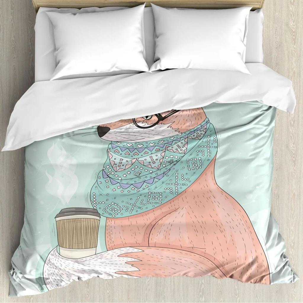 Cartoon Fox Duvet Set Cute Animal Print Bedding Three-Piece Set