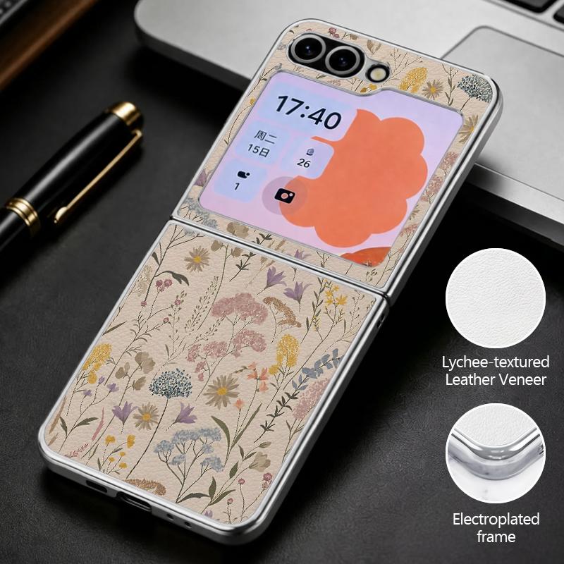 Pastoral Wildflower Case For Samsung Z Flip 8 7 6 5 Hybrid 3in1 Leather Skin Plating Frame Hard Folding Phone Cover For Galaxy Z Flip8 Flip7 Flip6