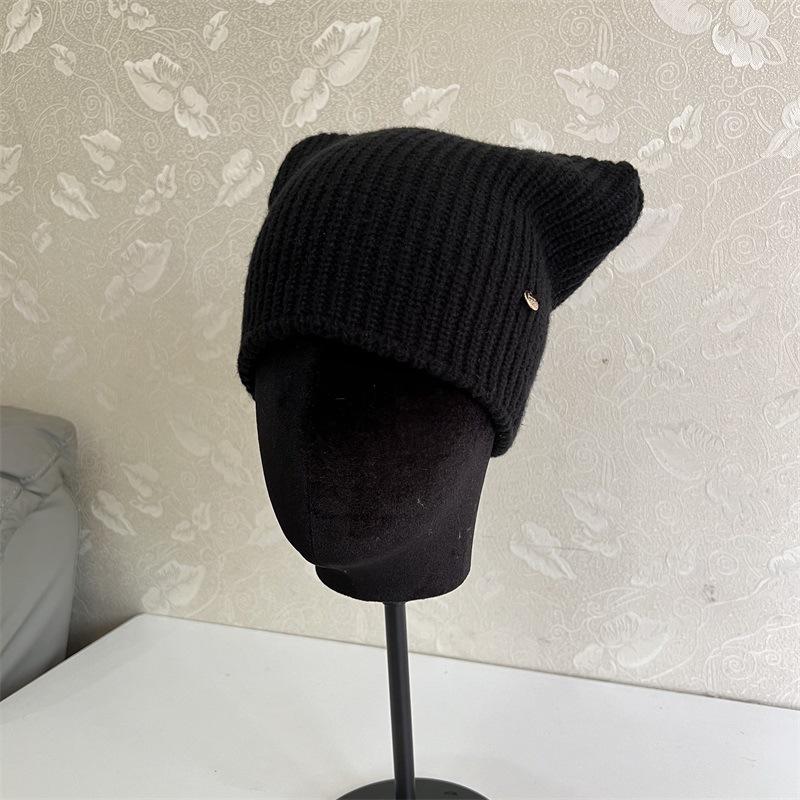 

Милая шапка с кошачьими ушками дьяволенка, шерстяная, новая женская универсальная повседневная теплая вязаная шапка-пуловер от холода, осень-зима M（56-58cm）