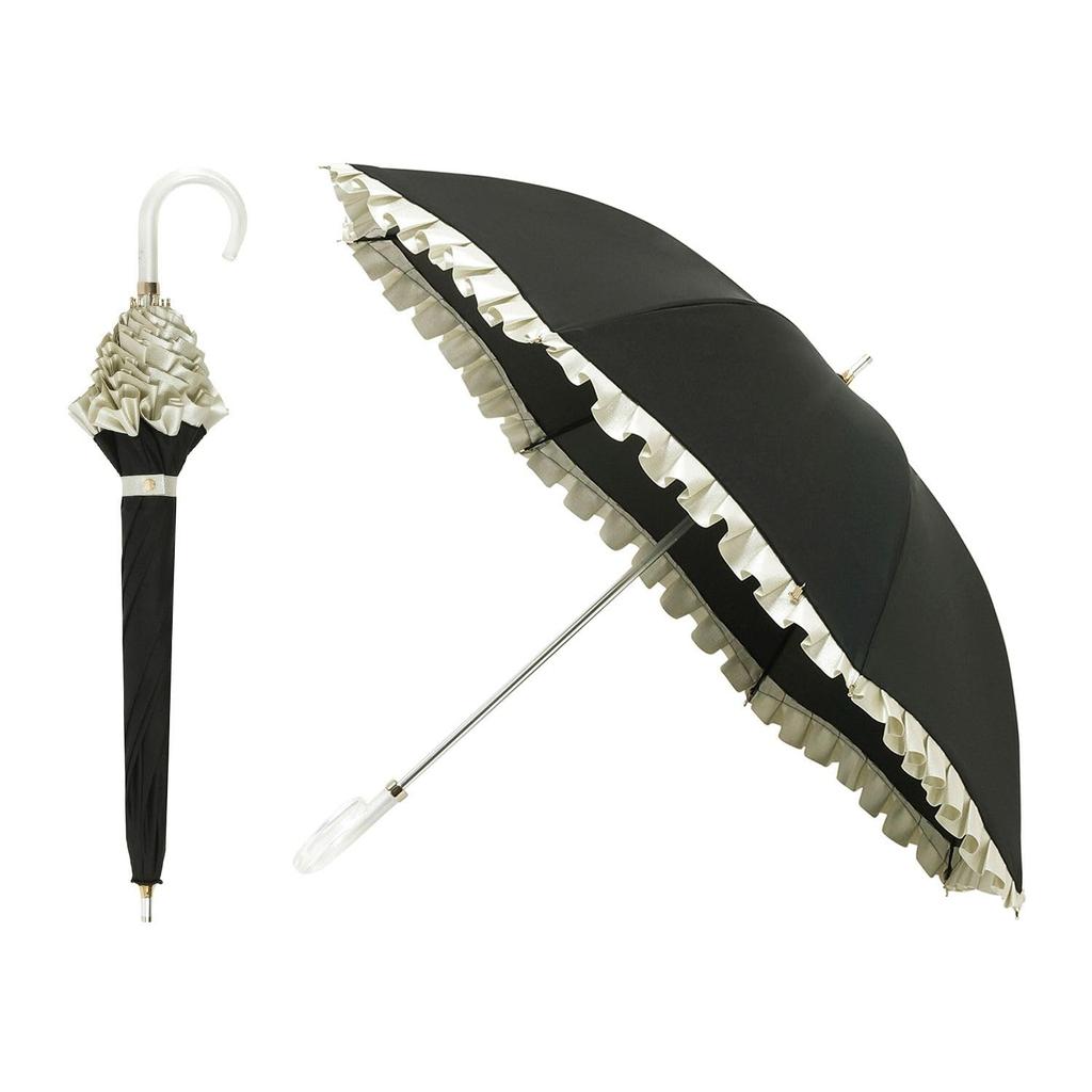 Moonbat en Long For both Sun and Light Heat UV Shiny Black [Lanvin Bleu] Parasol, Umbrella, Rain, First-Class Blocking, Blocking, Protection, Ruffles,
